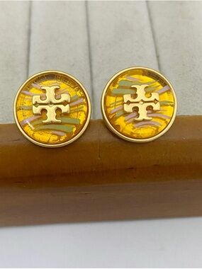 Tory Burch Gold-Tone Logo Round Studs with Yellow Enamel and Multicolor Accents